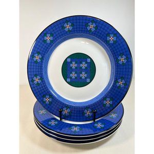 Dansk Nine Patch Accent Salad Lunch Plates Set of Four 9" Quilted Blue Green VTG